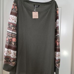 BloomChic Olive Sweatshirt with Floral Patterned Sleeves